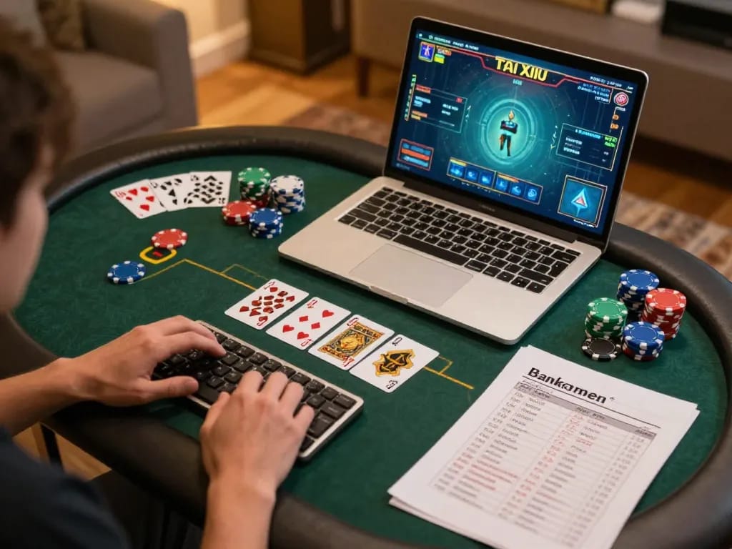 Tai Xiu Online player strategizing on a laptop with chips and cards visible, embracing online gaming.