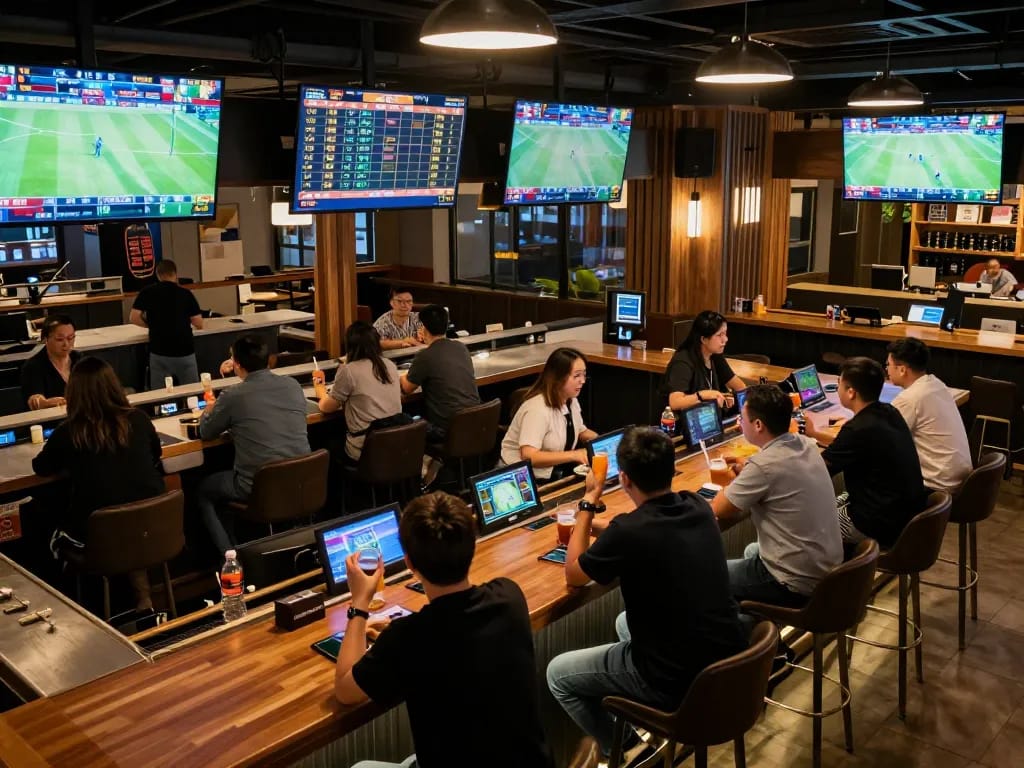Sports betting excitement at qh88go, patrons eagerly engaging with live game displays and betting odds.