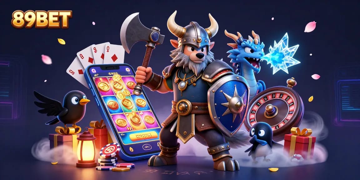 Bet big at 89BET with exciting games featuring animated Viking warriors and vibrant casino elements.