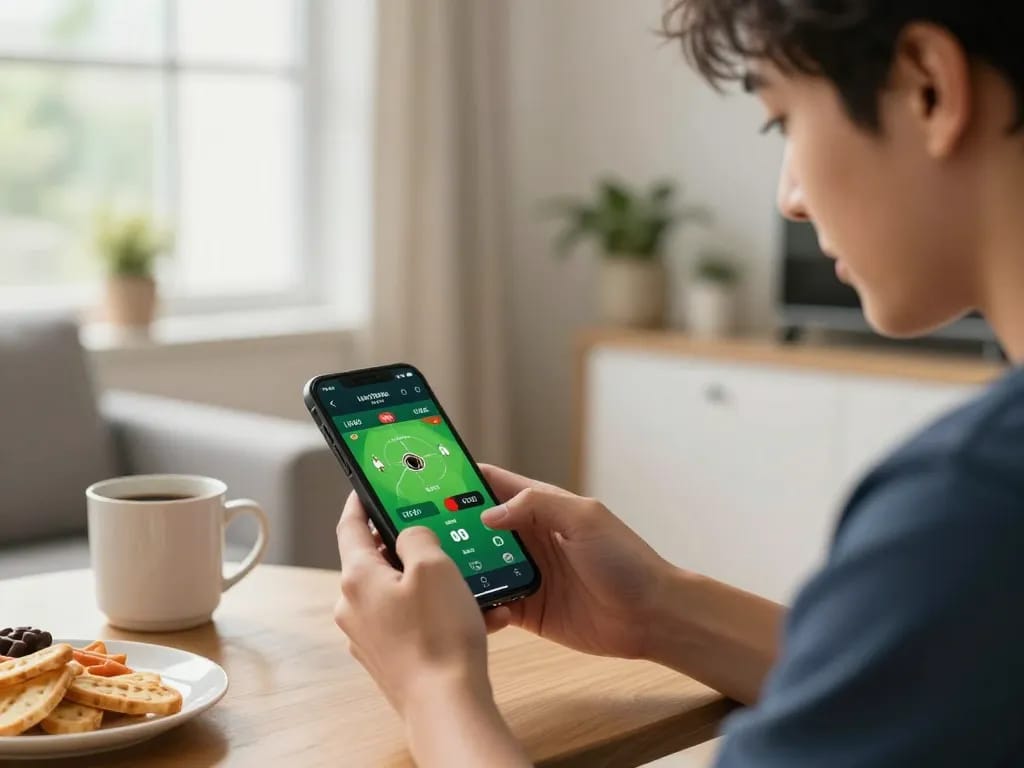Betting on live sports through ga8888 app, showcasing engaging mobile gaming experience at home.