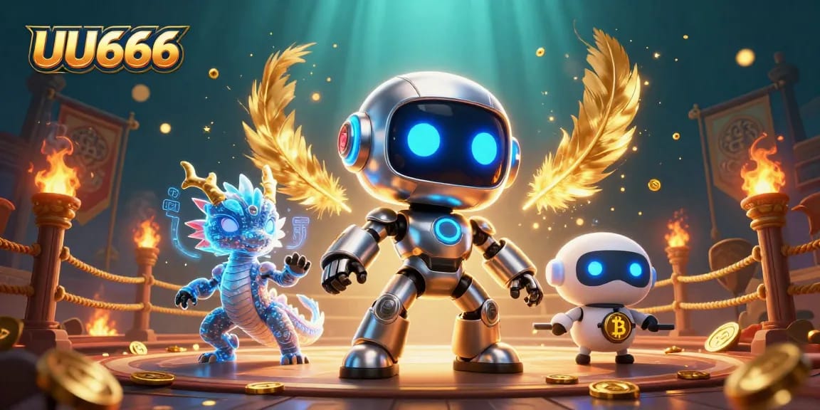 UU666 robots engage in a futuristic casino with neon glows and crypto symbols.