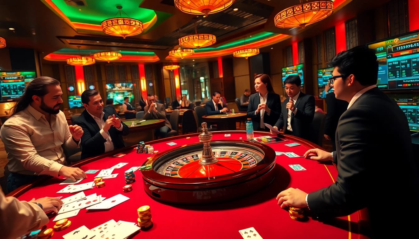 Engaged players strategizing at a luxury TR88 casino table with poker chips and cards.