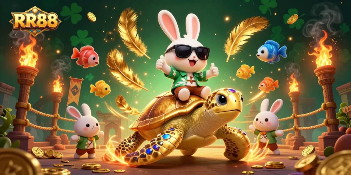 Engage with RR88's exciting casino world while enjoying a vivid scene of a lucky rabbit and sea turtle.