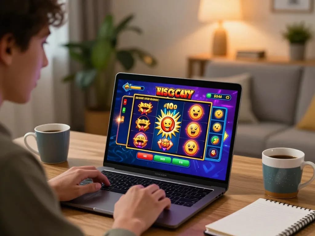 Nohu90 COM gaming: player engaging in a strategic slot game at home.