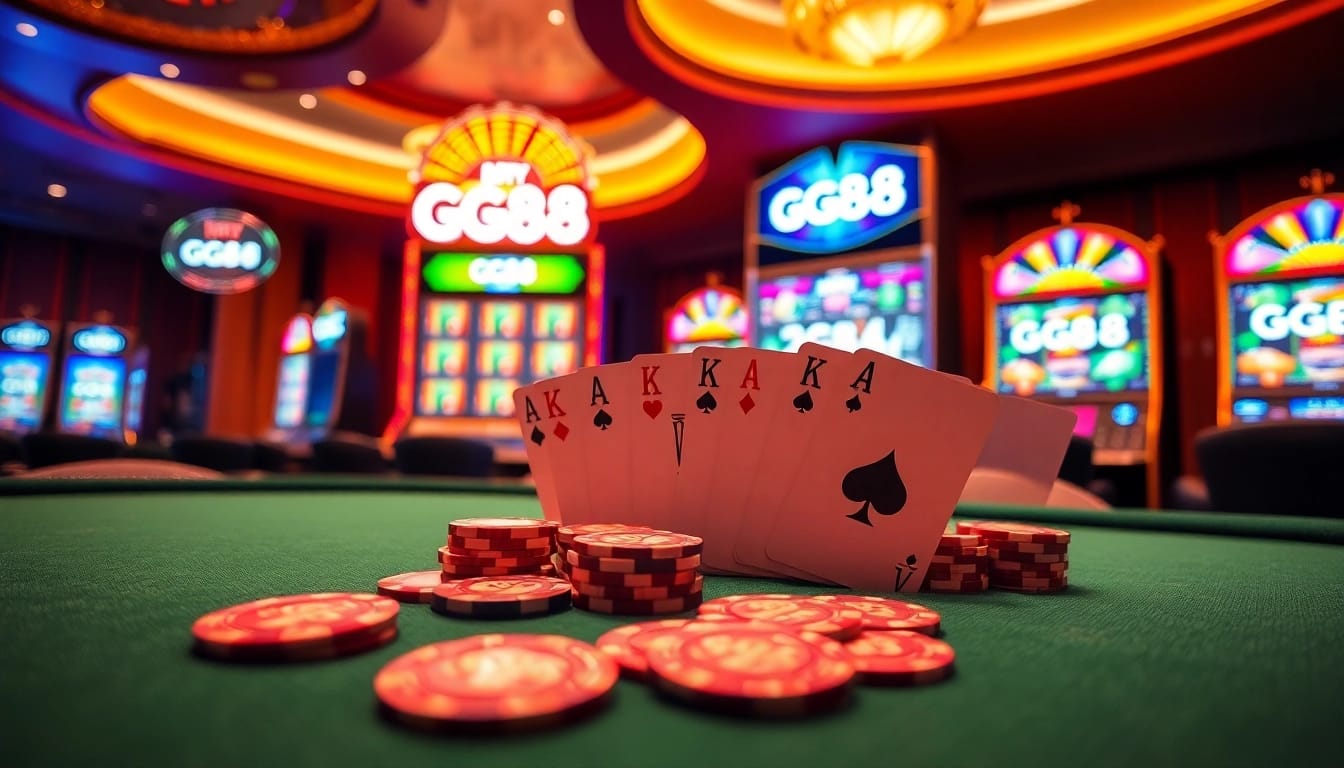 GG88 chips and cards on an elegant poker table, highlighting a vibrant casino scene.