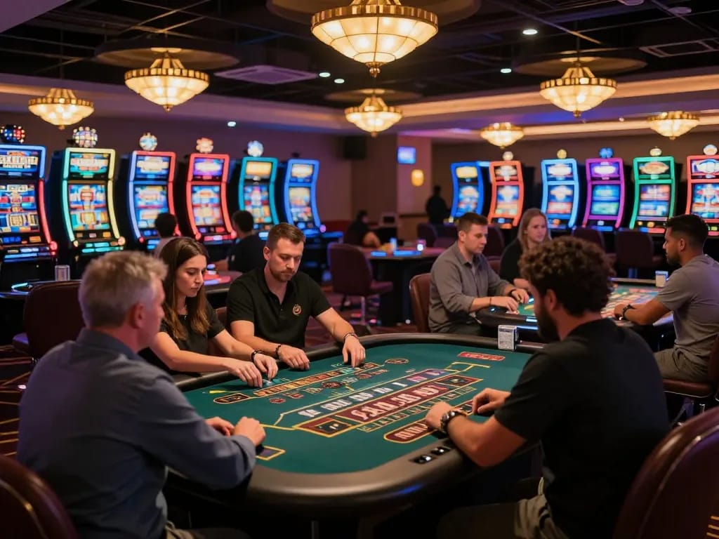 Players placing bets at hit club gaming tables in an upscale casino.