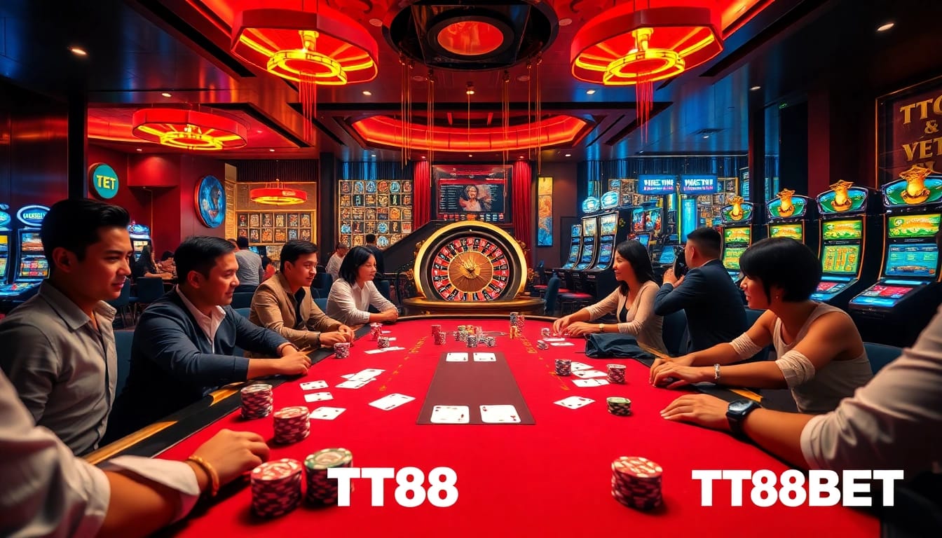 Experience excitement at TT88 BET with vibrant casino action featuring poker tables and roulette.