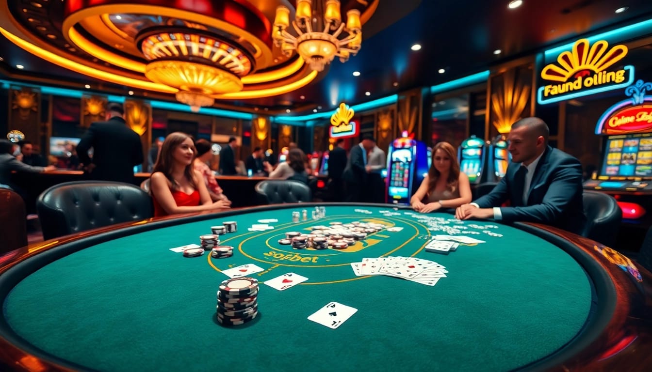 Experience the excitement of soibet in a luxurious casino scene with poker tables and vibrant slot machines.