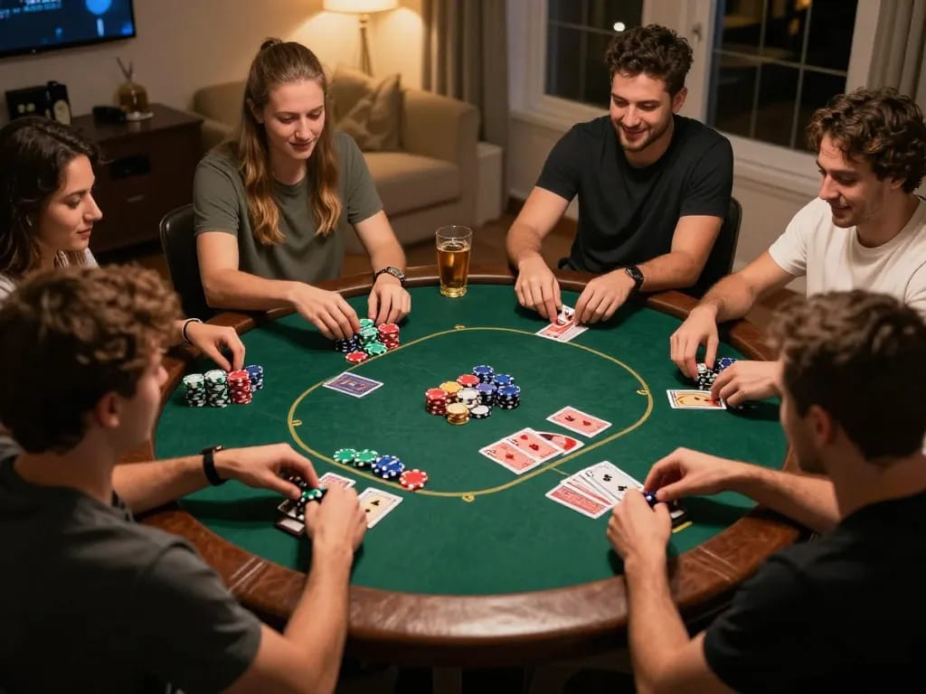 Friends enjoying an exciting poker game at home, with strategic play and vibrant cards, showcasing the XXGG experience.