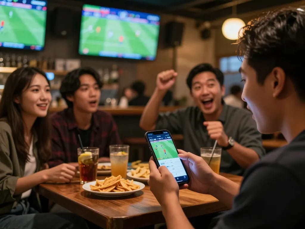 Excited patrons engaging in sports betting using smartphone at bar, highlighting keonhacaihomnay.