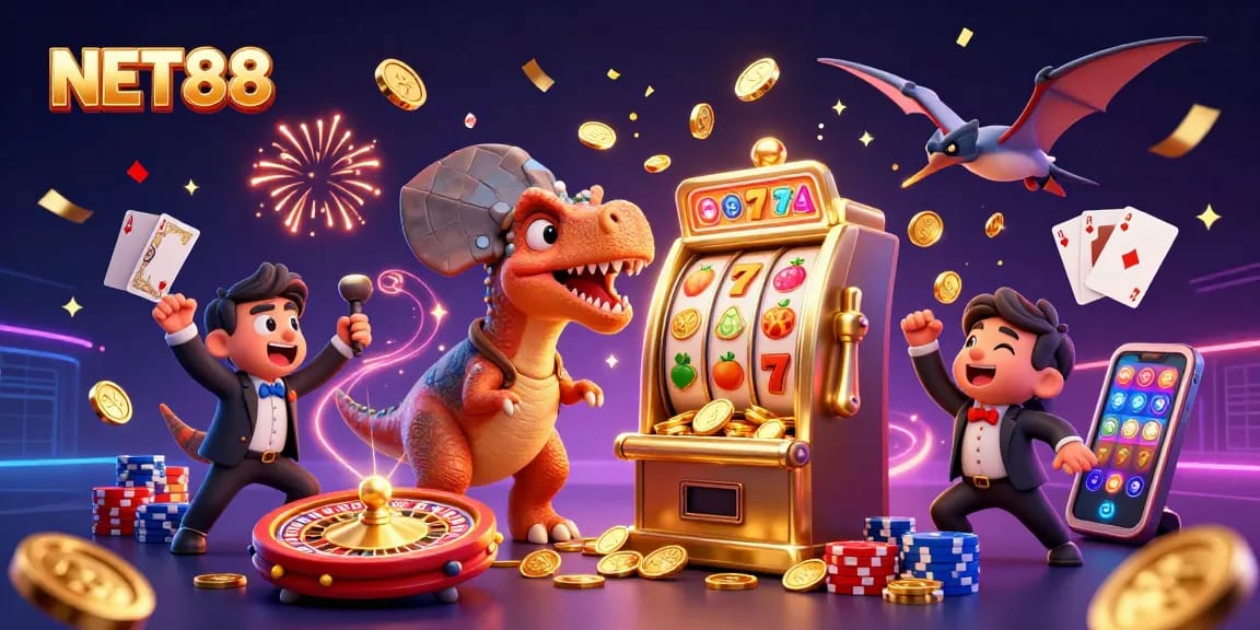 NET88 features a pachycephalosaurus winning jackpots at a vibrant casino alongside celebrating characters.