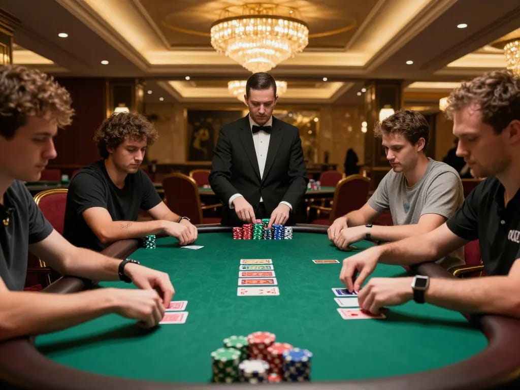 Players strategizing at a high-stakes poker table at FABET, showcasing intense gameplay.