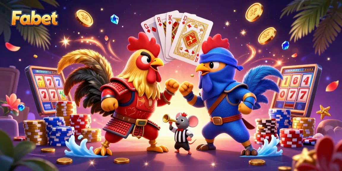 Fabet showcases an epic casino battle with fighting roosters amid golden coins and poker chips.