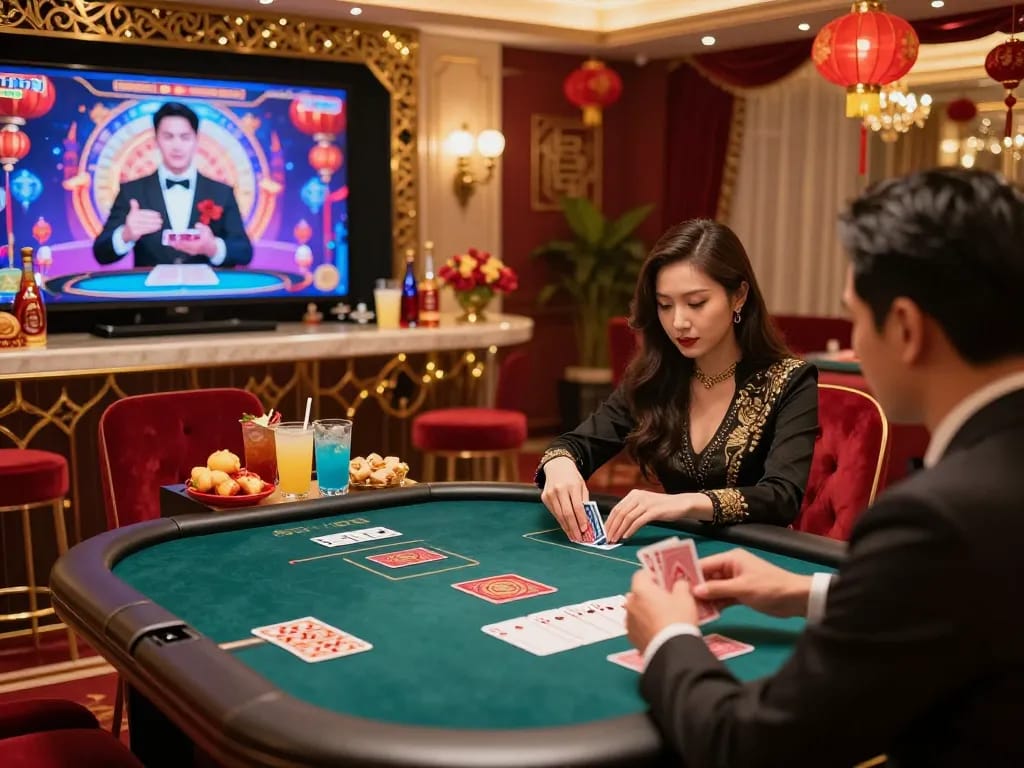 8kbet luxury gaming scene with festive Tết decorations and a focused player at the card table.