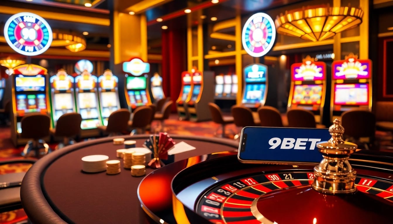 Experience high-stakes excitement at 9BET's luxurious casino scene with poker and slot machines.