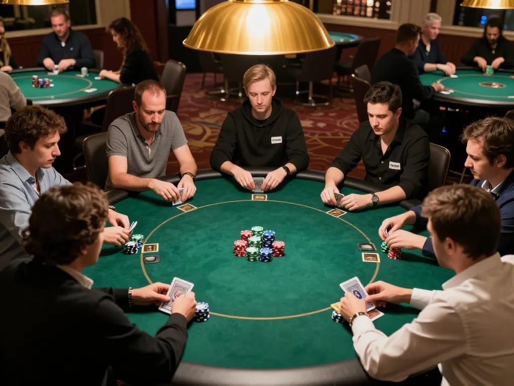 Players strategizing at a premium poker table in a luxury casino setting at lv88