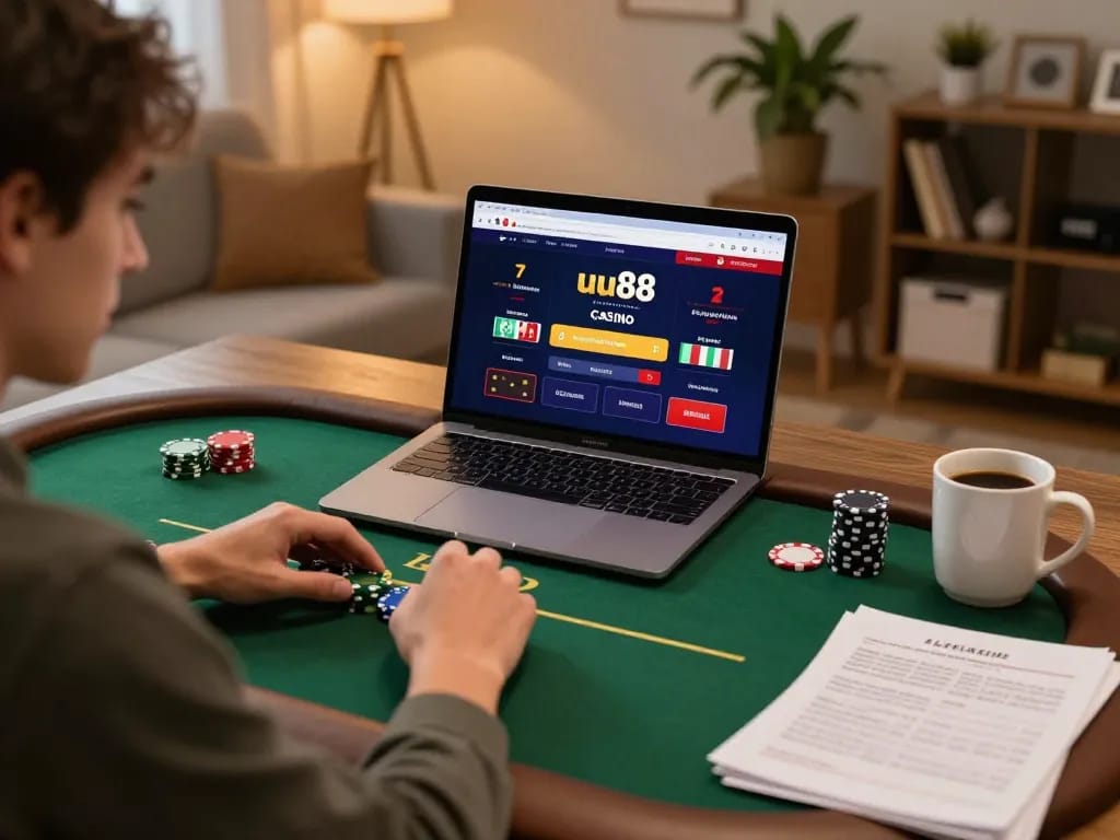 Engaging in an online poker game at uu88, showcasing an inviting home atmosphere with gaming setup.