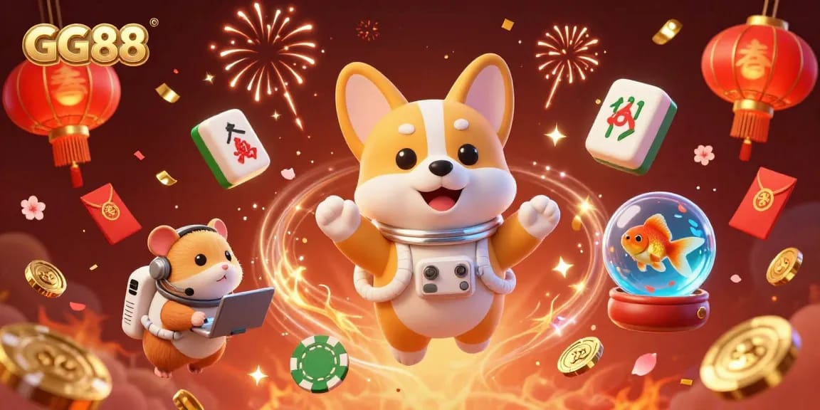 Engage with GG88 in an enchanting space casino scene featuring an astronaut corgi, mission-control hamster, and goldfish, amidst floating poker chips and festive decorations.