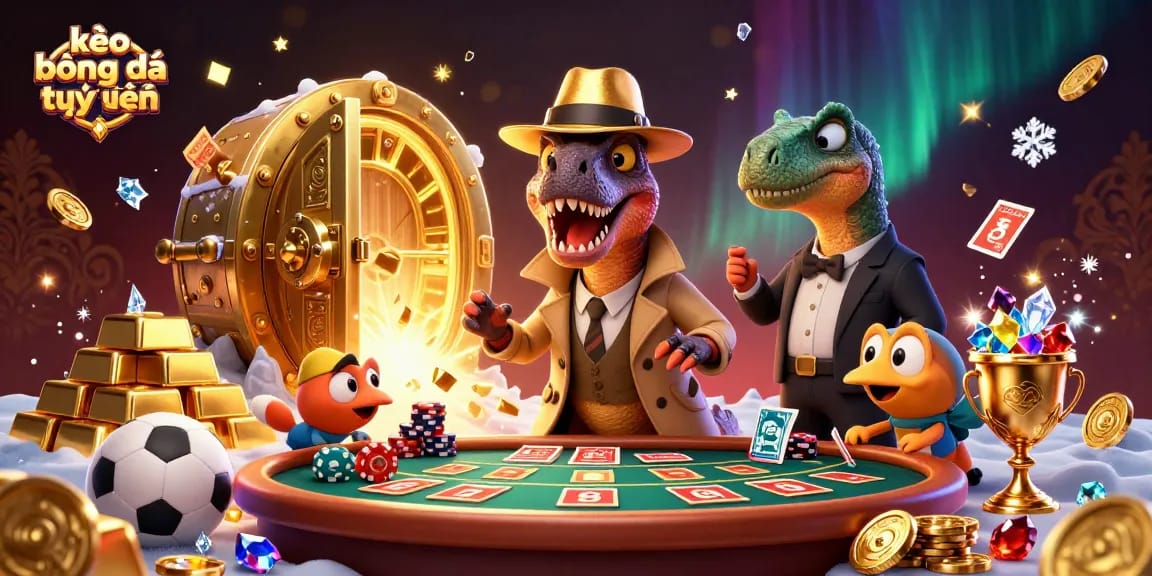 Experience kèo bóng đá trực tuyến with engaging betting action featuring cartoon dinosaurs and dynamic sports elements.