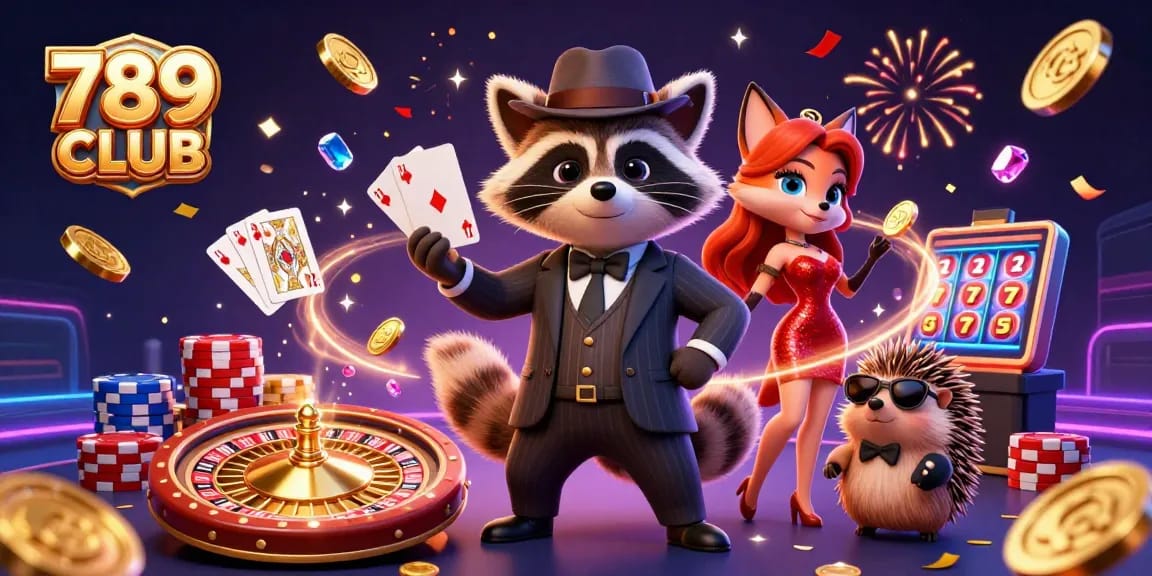 Engage in thrilling gaming experiences at 789 CLUB with a vibrant 3D illustration showcasing a raccoon, a fox, and a hedgehog amidst casino excitement.