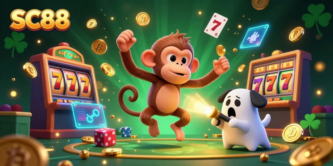Track the golden jackpot with SC88's playful poltergeist and ghost-hunter puppy in a dynamic casino scene.