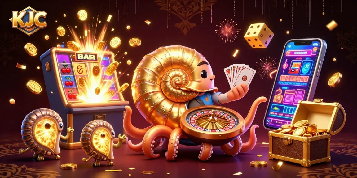 Experience thrilling action at KJC with a vibrant 3D casino scene featuring a giant nautilus as a roulette wheel.