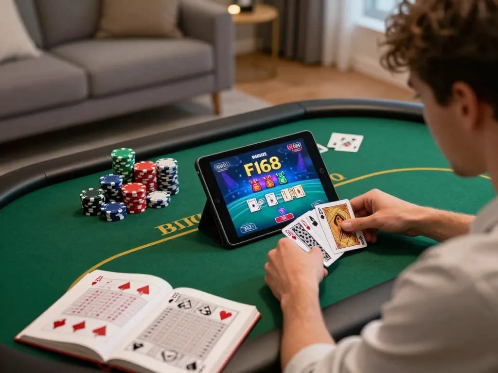 Player engaging in a vibrant F168 poker game on tablet with strategy notes and chips.