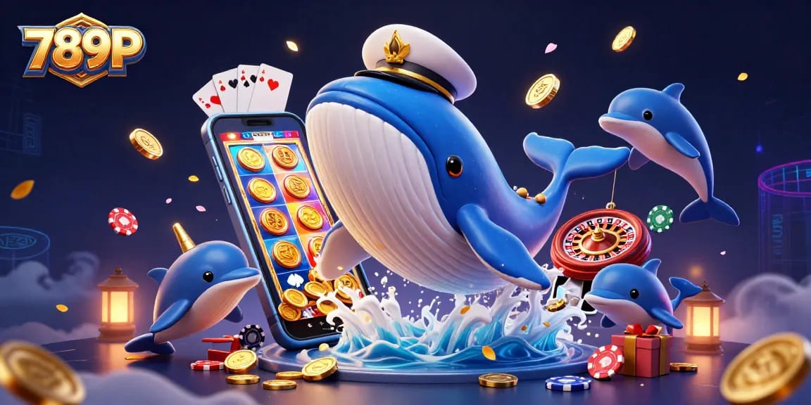 Experience thrilling gameplay at 789P with a lively scene of a whale and dolphins amidst casino elements and golden coins.