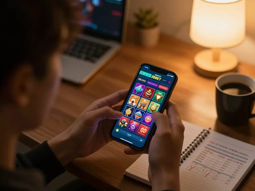 Engaging features of nhà cái 28BET app displayed on a smartphone during a cozy home gaming session.