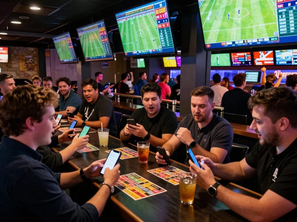 Cheerful group enjoying ดูบอล while placing bets live in a vibrant sports bar atmosphere