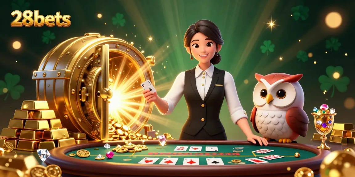 Experience thrilling Baccarat at 28bets with an elegant dealer and stunning gold accents.