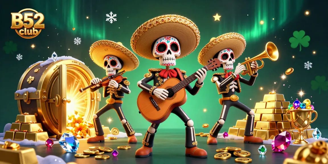B52club offers vibrant casino action with skeleton mariachi band celebrating around rich treasures.