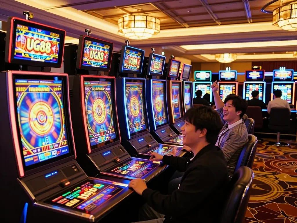 UG88 players celebrating wins at vibrant slot machines in a lively casino atmosphere.