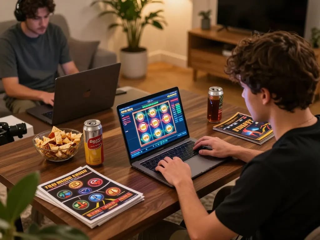 Engaging online gambling scene at https://rr88.auction/ with player focusing on laptop casino games.