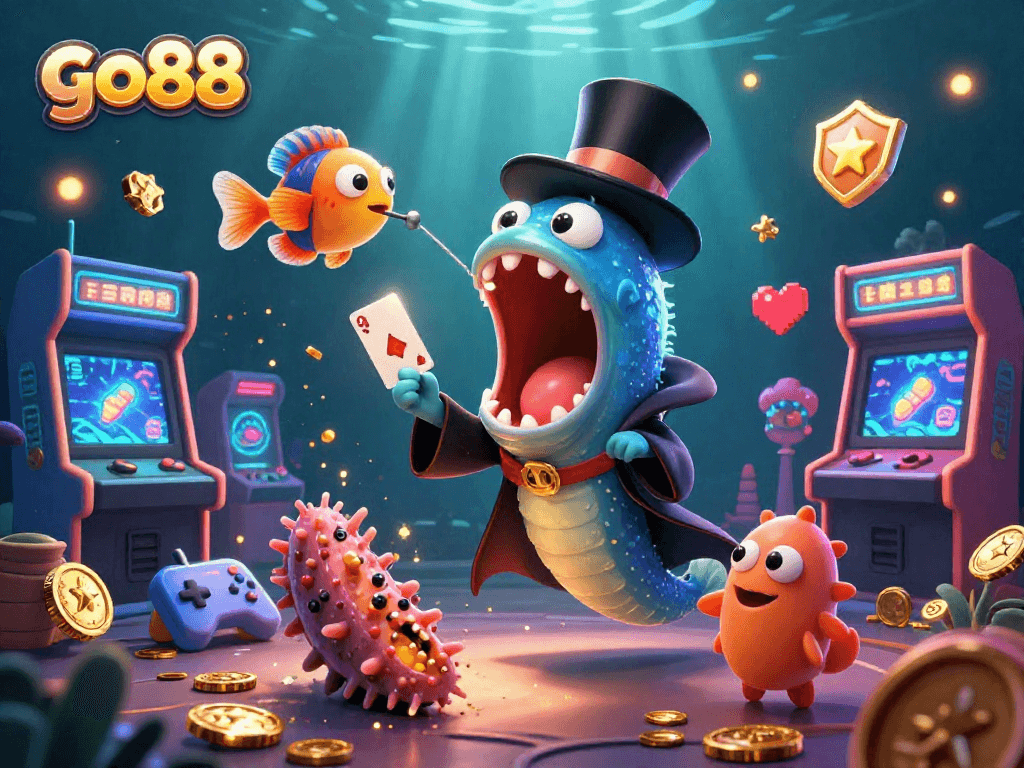 Experience the magic of go88 with a vibrant underwater casino scene showcasing a mesmerizing bioluminescent eel and gaming elements.