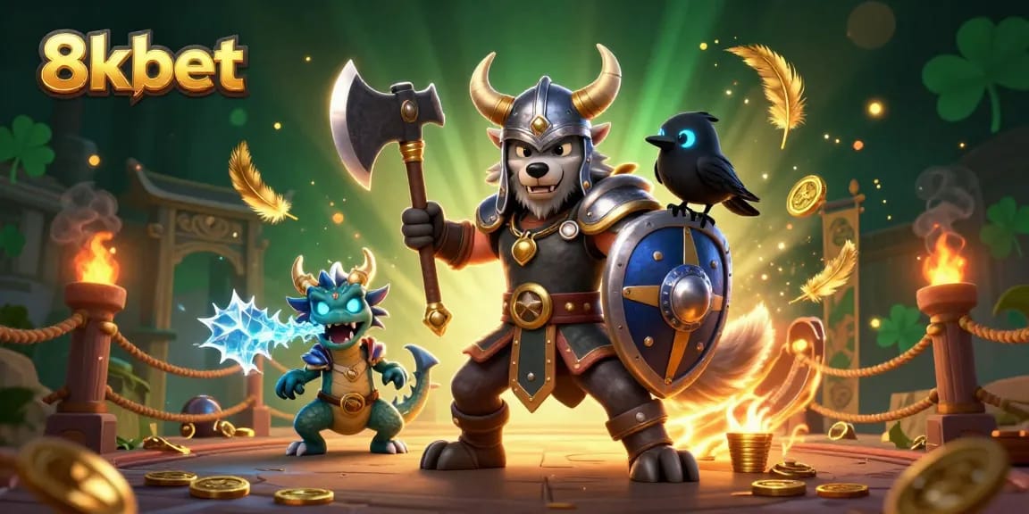 Engage with 8xbet's thrilling slots and jackpots in this dynamic 3D illustration featuring a Viking wolf warrior.