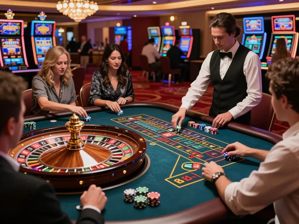 Players engaging at the roulette table at LLWIN, showcasing strategic betting and vibrant casino atmosphere.