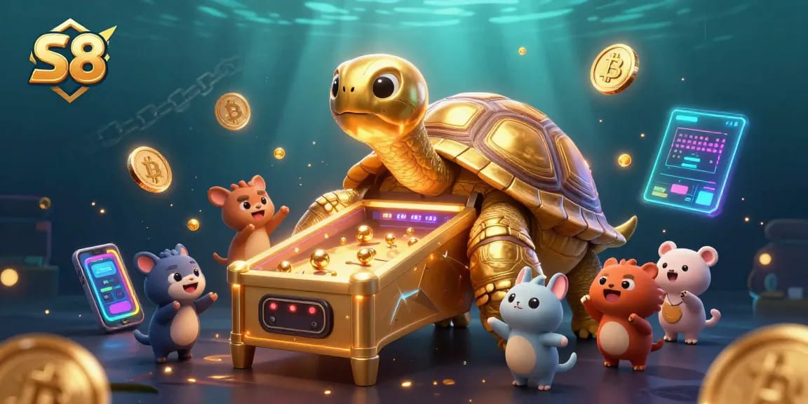 Experience thrilling slot action at S8 with cartoon illustrations of casino fun and prizes.