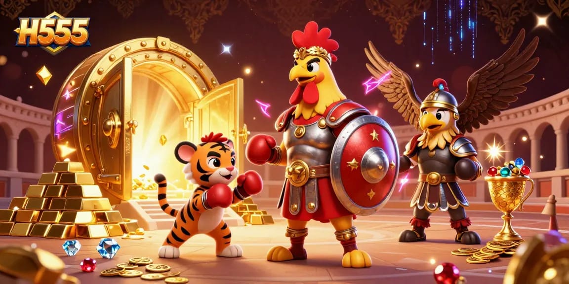 Engage with thrilling gameplay on H555 as a cartoon gladiator rooster and friends celebrate in a wealth-filled arena.