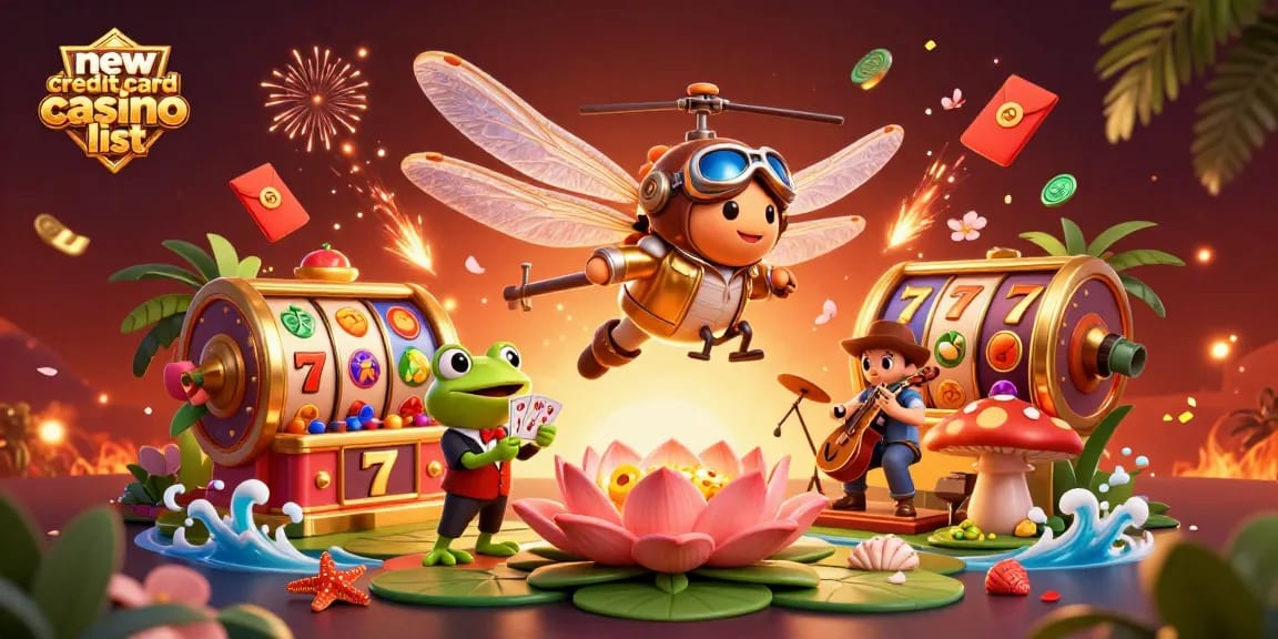 Engage with the new credit card casino list featuring dynamic characters and vibrant casino elements.