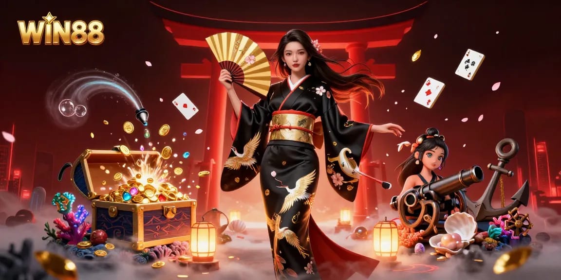 Win88 offers an immersive gaming spectacle featuring elegant characters amidst treasure chests and glowing elements.