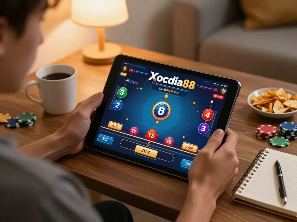 Xocdia88 player engaging in live dealer game on tablet at home, showcasing online gambling strategy with snacks.