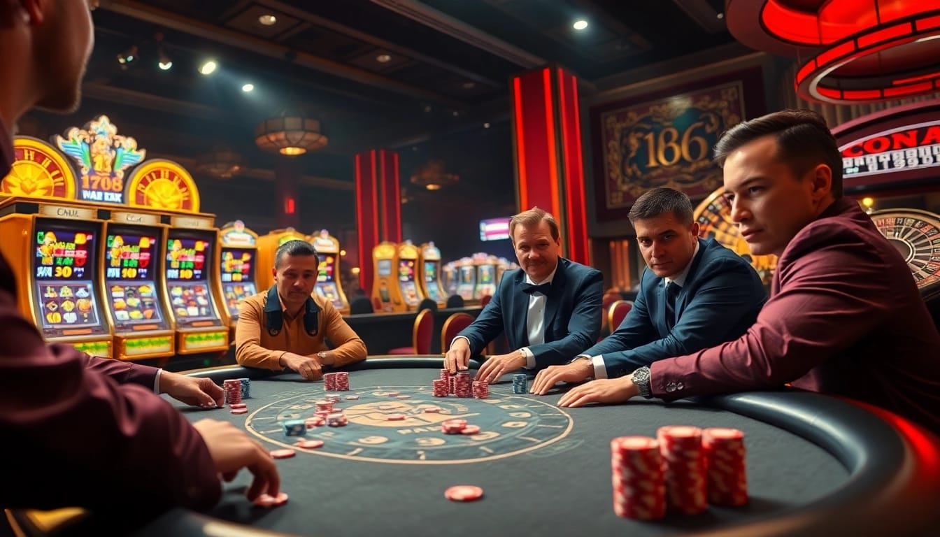 Players at a poker table engaging in high-stakes action at F168 casino.