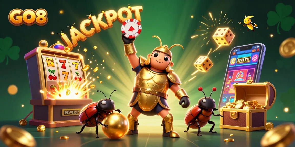 Win big with GO8 as the cartoon hercules beetle celebrates a jackpot in vibrant casino scene!