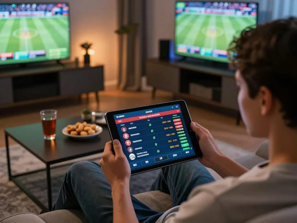 Tỷ lệ kèo nhà cái hôm nay displayed on a tablet during an online sports betting session, showcasing real-time odds in a modern living room setting.