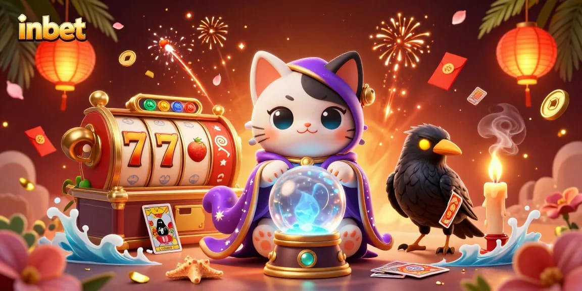 Engage in thrilling inbet gaming with a mystical scene of a fortune teller and vibrant slot elements.