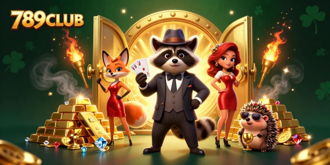 Experience the excitement of 789CLUB with a suave raccoon, a charming fox, and a hedgehog bouncer in a vibrant casino scene.