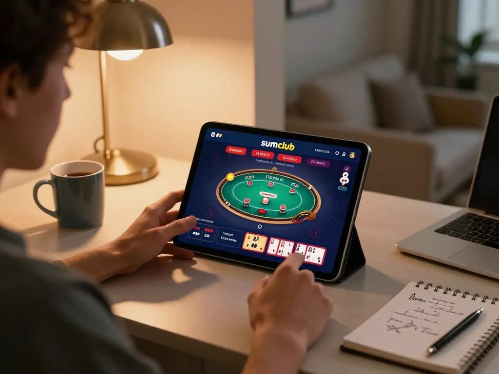 Engaging with online poker at sumclub on a tablet, featuring a cozy gaming setup.