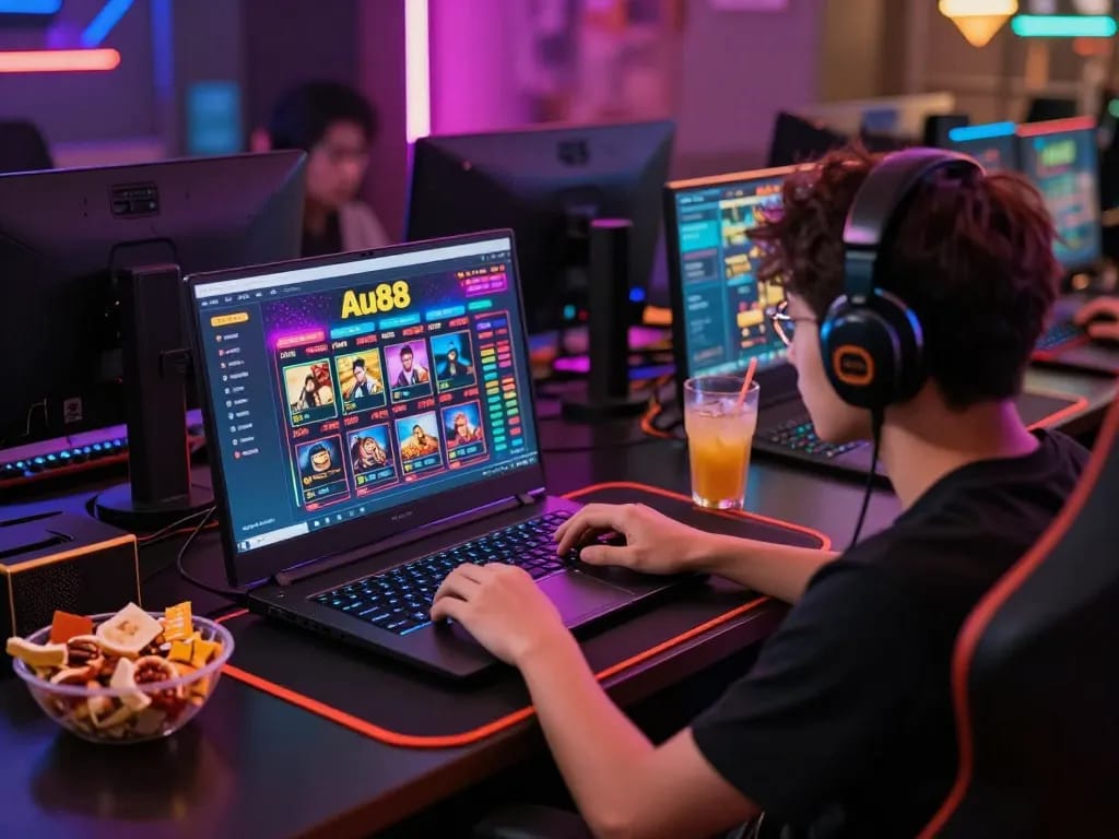 Gamer exploring Au88 online casino platform on a sleek laptop during an engaging gaming session.