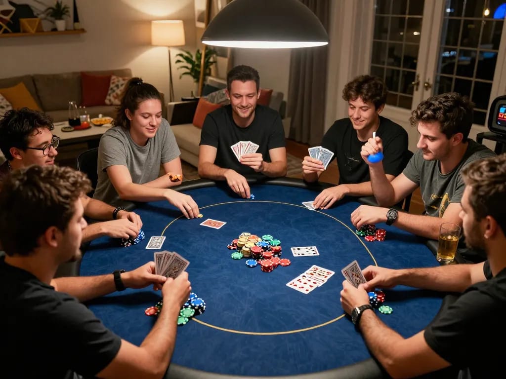 Fly 88 home poker night with friends enjoying competitive Texas Hold'em, vibrant snacks and drinks
